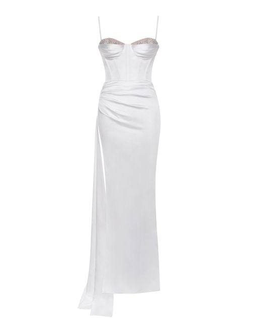 Miss Circle New York White Vanity Satin High Slit Draping Corset Gown With Crystals