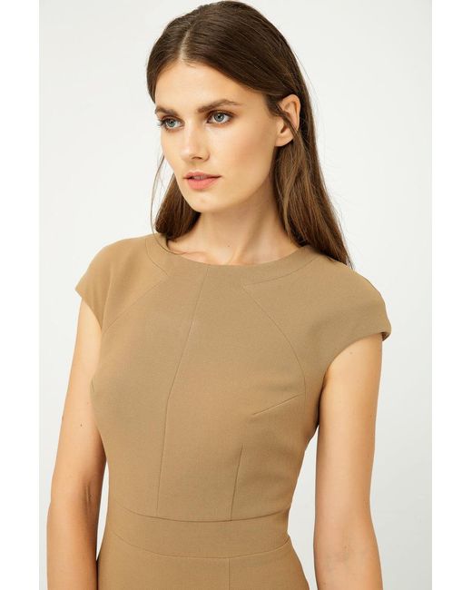 Conquista Natural Solid Colour Dress With Cap Sleeves Camel Color