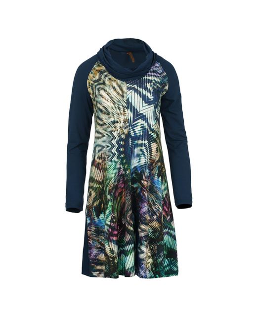 Conquista Blue A Line Turtle Neck Dress In Print & Solid Colour Stretch Jersey Fabric