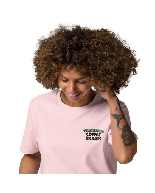 Anchor and Crew Pink Cotton Gustatory Coffee & Chats Organic Cotton Embroidered T-Shirt