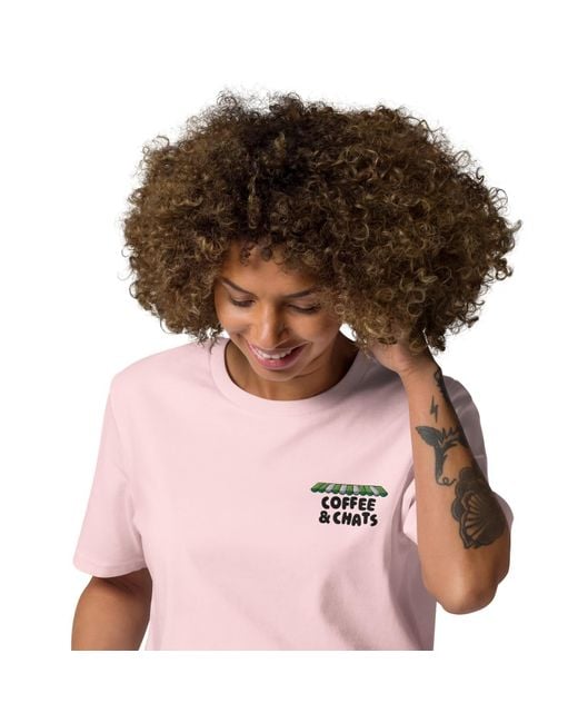 Anchor and Crew Pink Cotton Gustatory Coffee & Chats Organic Cotton Embroidered T-Shirt