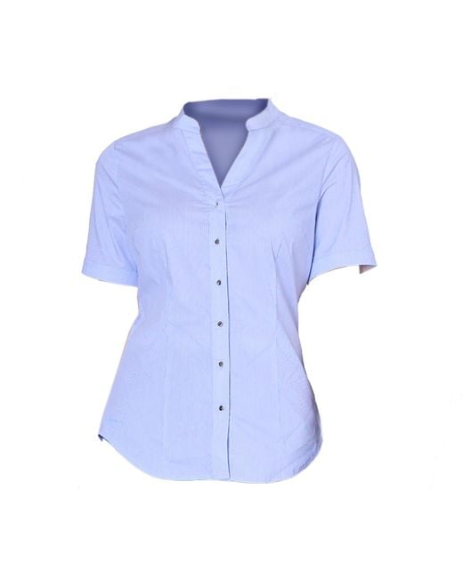 Smart and Joy Blue Fitted V-Neck Short Sleeves Cotton Shirt