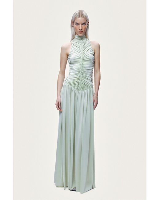 Nocturne Green Draped Stand Collar Maxi Dress