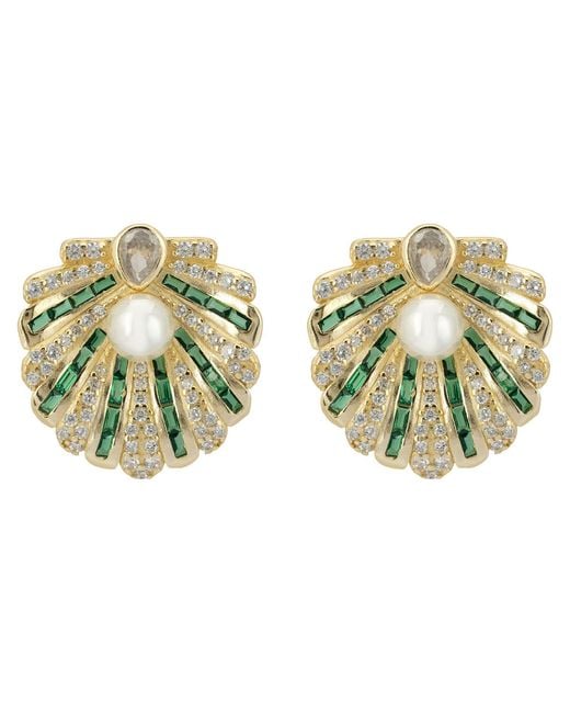 Latelita London Green Art Deco Scallop Shell Earrings Emerald With Pearl