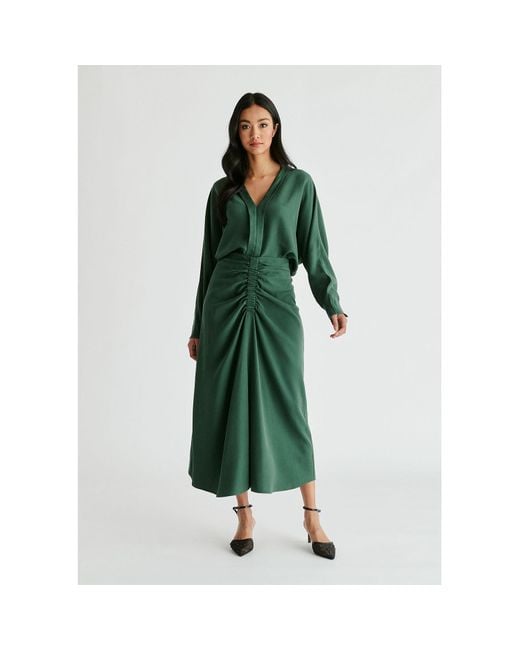 Paisie Green Ruched Front Midi Skirt