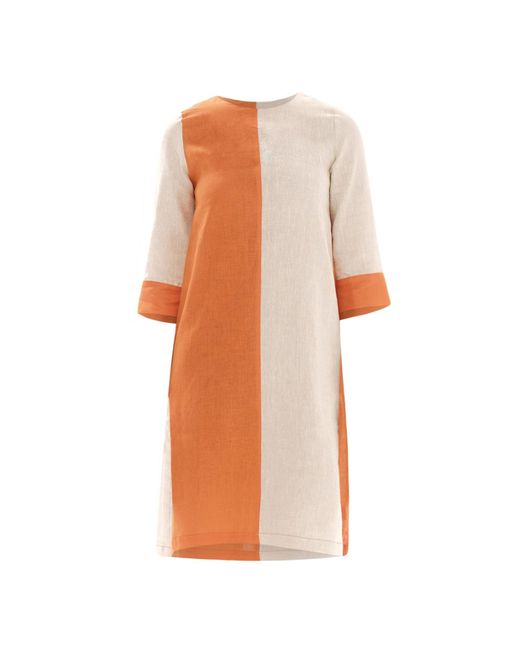 Haris Cotton Orange A Line Color Block Linen Dress With Split Hem
