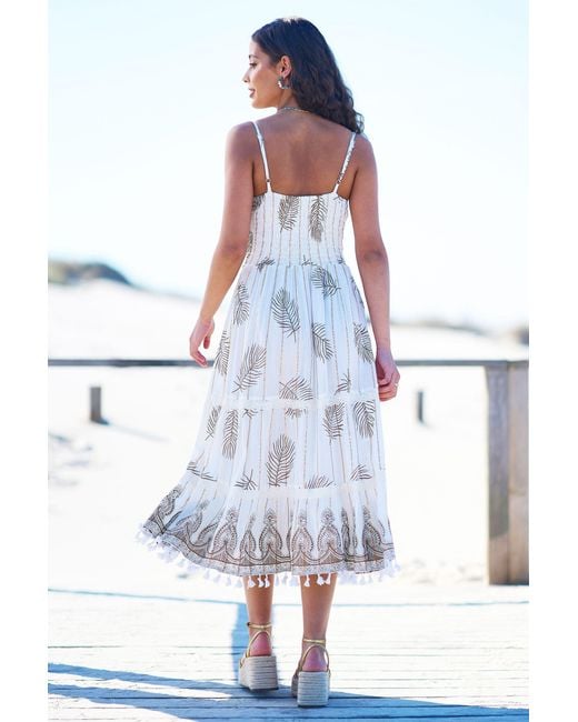 Yumi' Blue Neutrals Ivory Foil Print Midi Sun Dress With Lace Trims