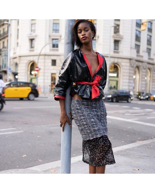 Miro Misljen Gray City Grid Lace-Pane Skirt
