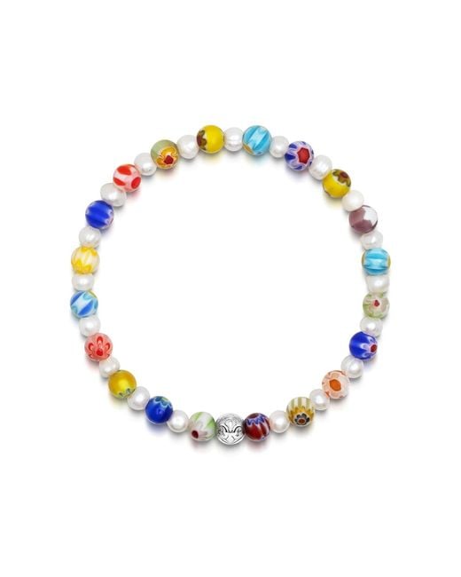 Nialaya Blue Pearl Wristband With Hand-Painted Glass Beads for men