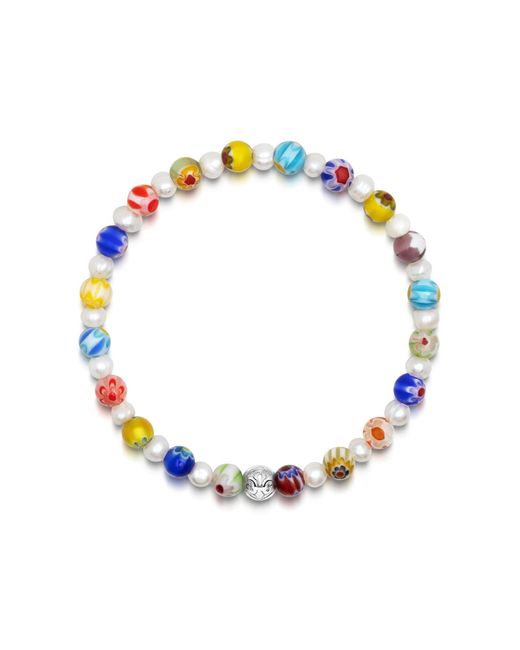 Nialaya Blue Pearl Wristband With Hand-painted Glass Beads for men