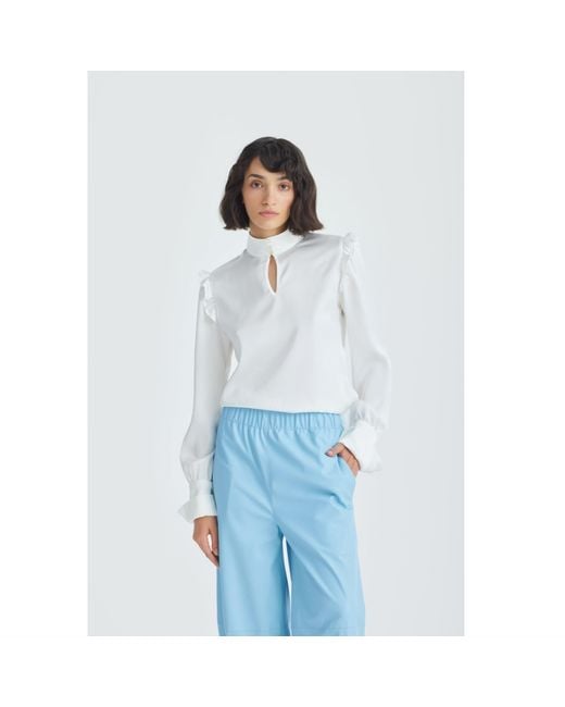 Julia Allert White Neutrals Designer Satin Blouse With Bishop Sleeves And Stand Collar –