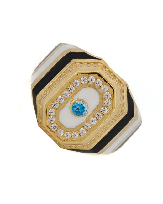 Ebru Jewelry Metallic Black & White Enamel Diamond Gold Statement Ring