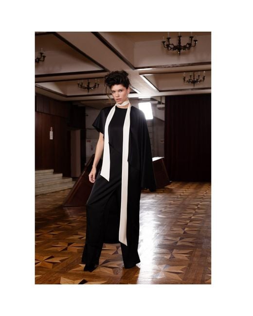 Julia Allert Black Structured Satin Cape Dress With Contrast Scarf