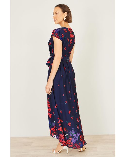 Yumi' Blue Floral Mirror Wrap Dress With Dip Hem