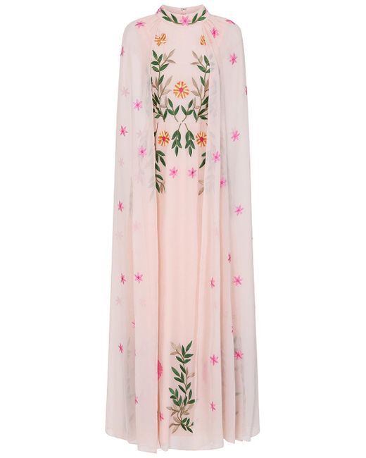 Frock and Frill Pink Neutrals Ingrid Blush Floral Embroidered Cape Sleeve Maxi Dress