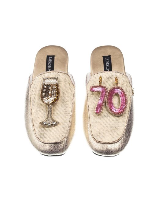 Laines London Metallic / Neutrals Classic Mules With 70th Birthday & Glass Of Champagne Brooches