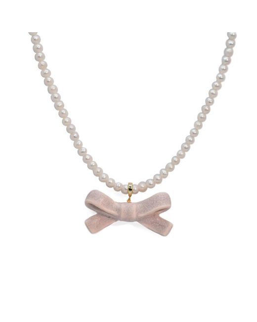 H2 Studio Metallic Bowtie Maniac Medium Ceramic Ribbon Bowtie Round Baroque Freshwater Pearl Necklace Rose Rock