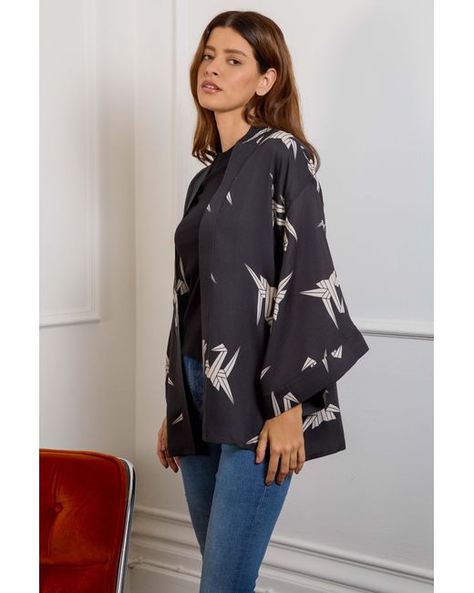 Artemis Muse Blue Neutrals Japanese Origami Bird Print & Ivory Short Light Weight Kimono