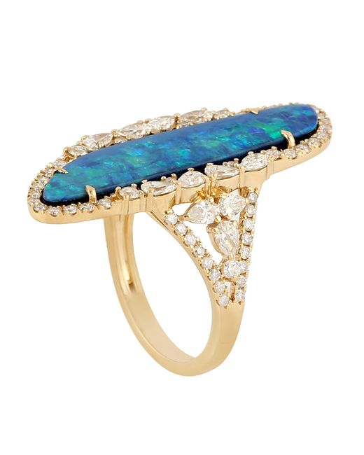 Artisan Blue Natural Diamond Opal Doublet Cocktail Ring 18k Yellow Gold Handmade Jewelry