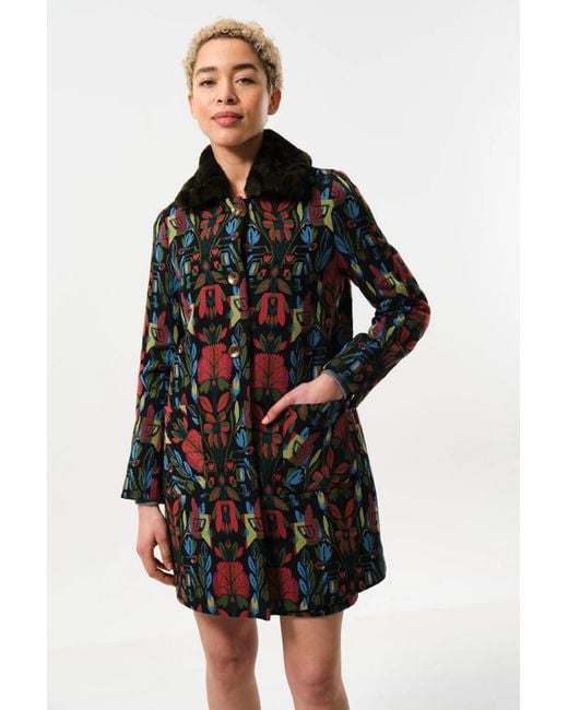 Louche Black Dryden Folk Jacquard Fur Collared Coat