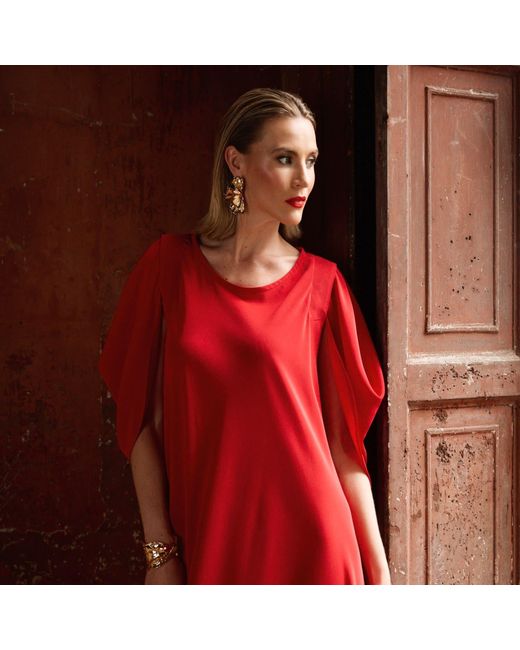 Monessa Joan Red Draped Dress With Detachable Sleeves