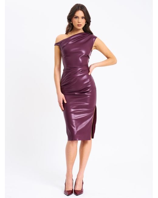 Miss Circle New York Purple Sabina Leather Slash Neck Midi Dress