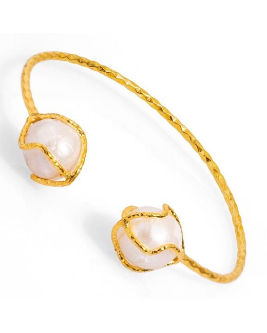 Ebru Jewelry Metallic Pearl Embellished Gold Cuff Bracelet