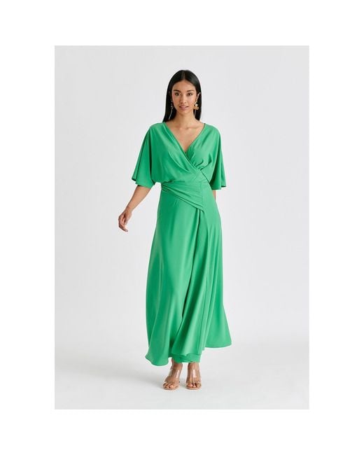 Paisie Green Flare Sleeves Maxi Wrap Dress
