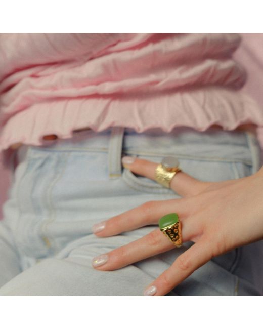 YAA YAA LONDON 'happy' Prehnite Green Gemstone Gold Ring