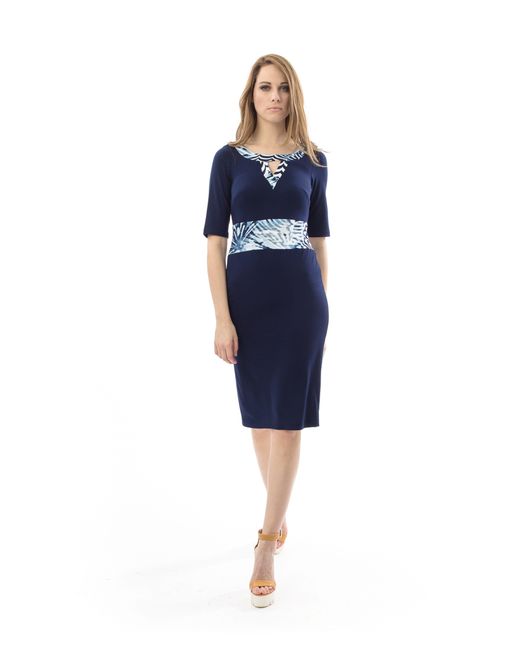 Conquista Blue Viscose-Elastane Jersey Midi Dress With Patterned Waistband