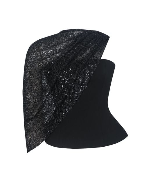 Miss Circle New York Black Quinette Peplum Top With Beaded Asymmetrical Cape