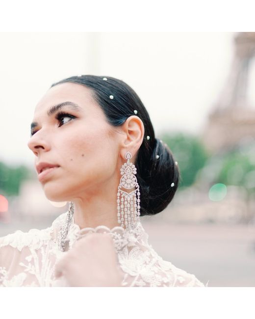 Meraki by Rashmi Bajaj White Annabel De Boucles Cubic Zirconia Chandelier Earrings