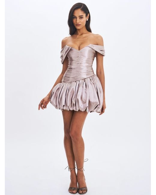 Miss Circle New York Gray Neutrals Milena Champagne Ruched Asymmetrical Bubble Mini Dress