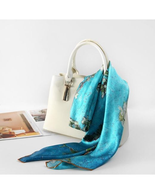 Soft Strokes Silk Blue Pure Silk Scarf Painting Almond Blossom Van Gogh Small
