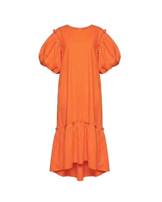 Cy Boutique Orange Oversized Puff Sleeves Ruffle Hem Design Maxi Dress