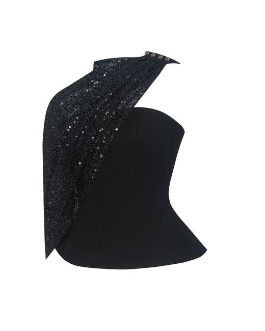 Miss Circle New York Black Quinette Peplum Top With Beaded Asymmetrical Cape
