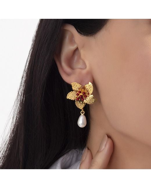 Milou Jewelry Metallic Flower Pearl Drop Earrings
