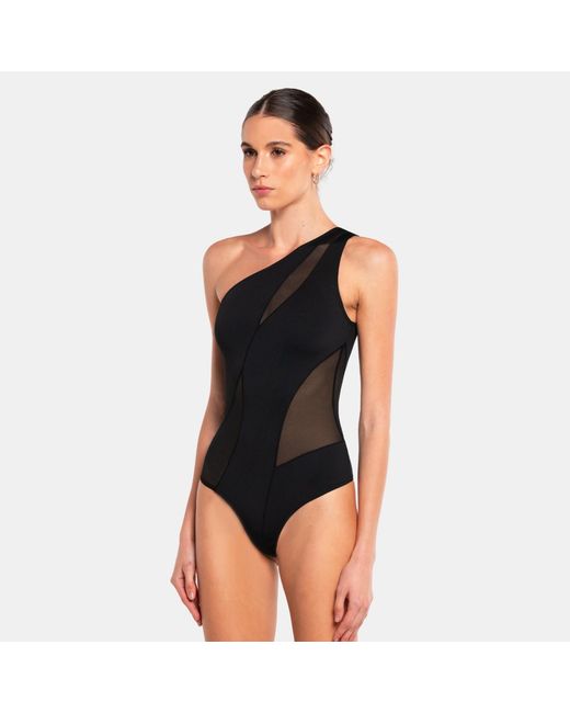 OW Collection Black Curve One Shoulder Mesh Bodysuit