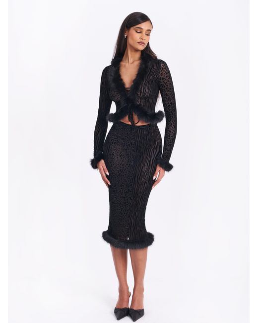 Miss Circle New York Black Halia Animal Print Burnout Velvet Fur Trim Skirt