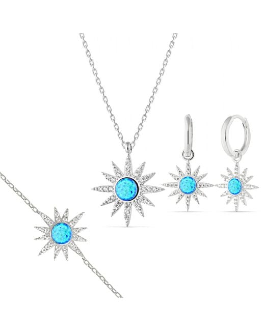 Spero London Blue Opal Sun Sterling Necklace Earring & Bracelet Set