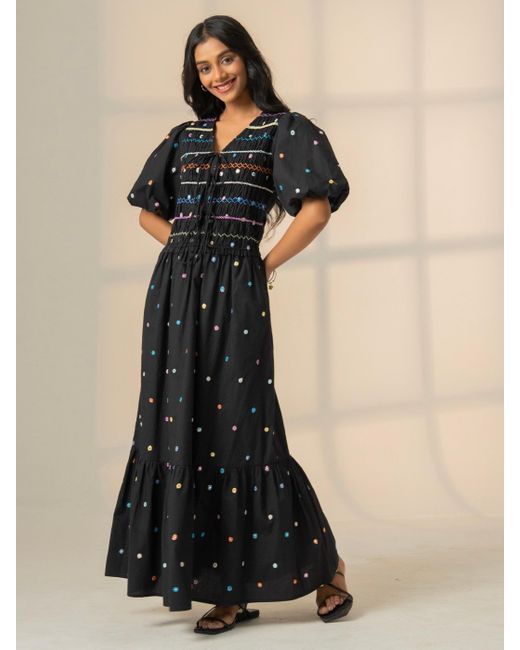Rose & Nancy Black Eddie Multi Embroidered Smocked Maxi Dress