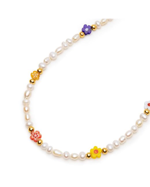 Nialaya Metallic Pearl Choker With Flower Beads