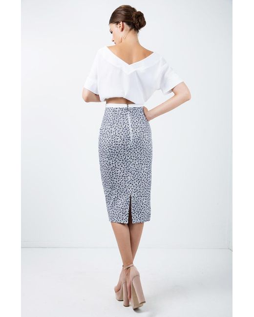 Conquista Blue Floral Pencil Skirt With Solid Colour Waistband