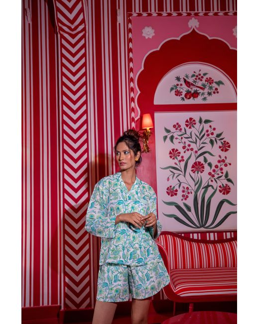 NoLoGo-chic Blue Hand Block Printed Cotton Pj Shorts Set