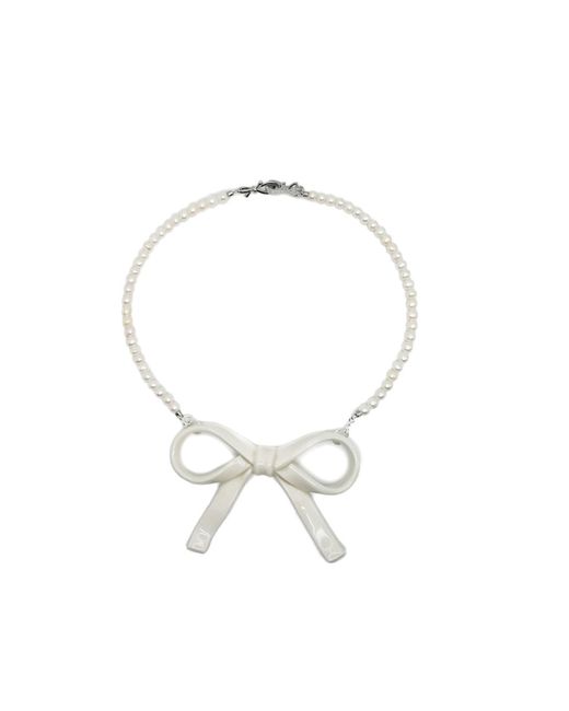 H2 Studio Metallic Bowtie Maniac Large Ribbon Bowtie Round Freshwater Pearl Necklaces Porcelain
