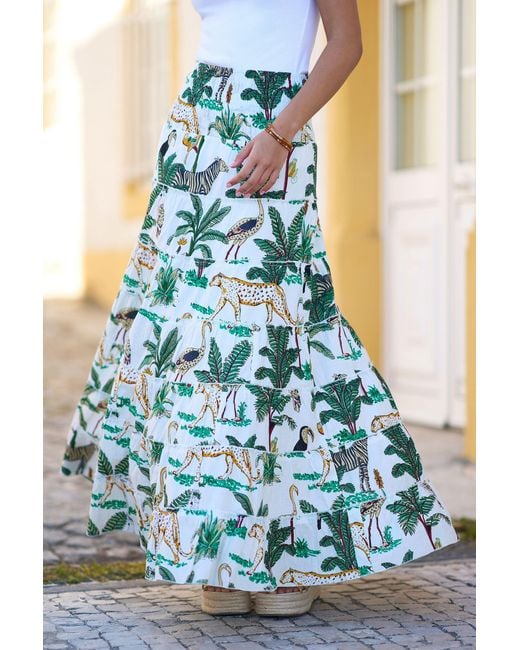Yumi' Blue Animal Print Cotton Tiered Maxi Skirt