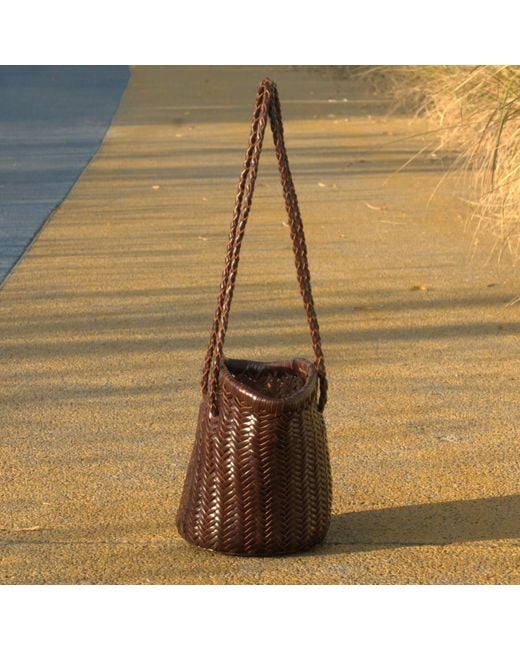 Rimini Brown Zigzag Woven Leather Bucket Bag In Small Size 'alessandra'