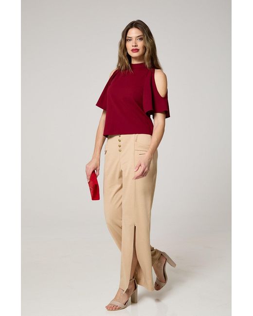 K-Win London Red Elegant Butterfly Sleeve Cold-Shoulder Top
