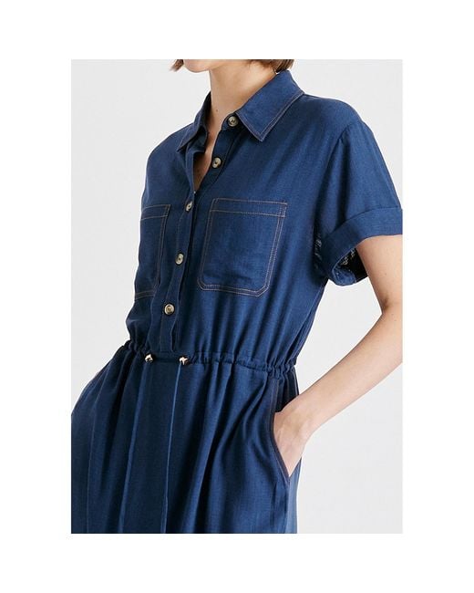 Paisie Blue Linen Blend Shirt Dress With Stitch Details