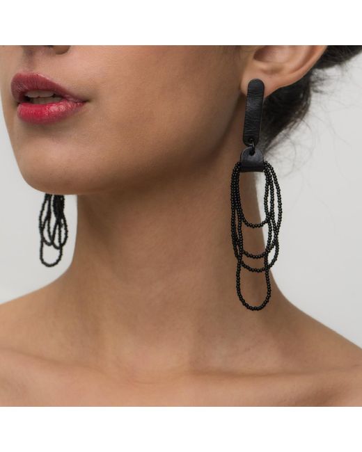 WAIWAI Black Beaded Dangle Leather Earrings